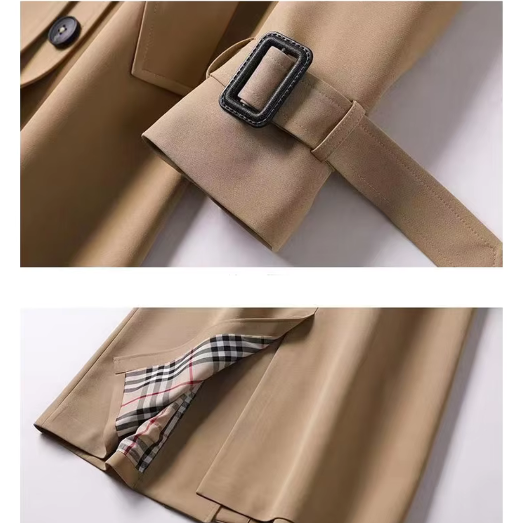 Khaki trench coat cuff with buckle strap and plaid lining peek at hem