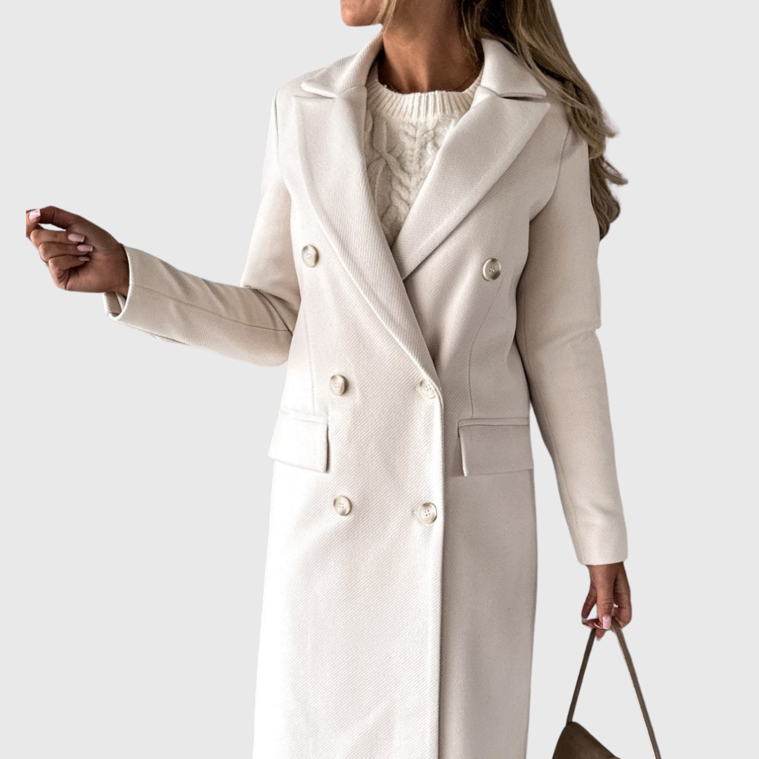Cream longline double-breasted coat, notched lapels, gold-tone buttons, flap pockets