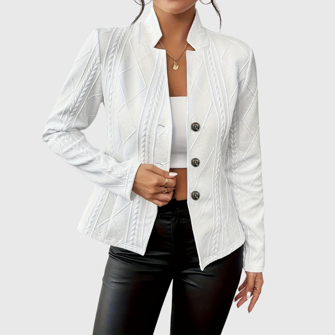 White textured blazer with notch lapels, long sleeves, and three-button front