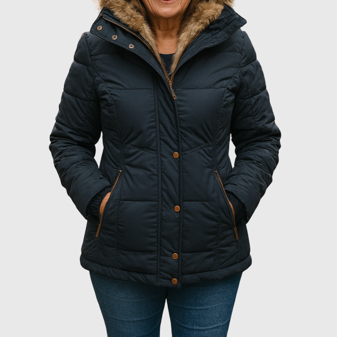 Cozy winter jacket in dark navy with faux fur hood, button-front and side pockets