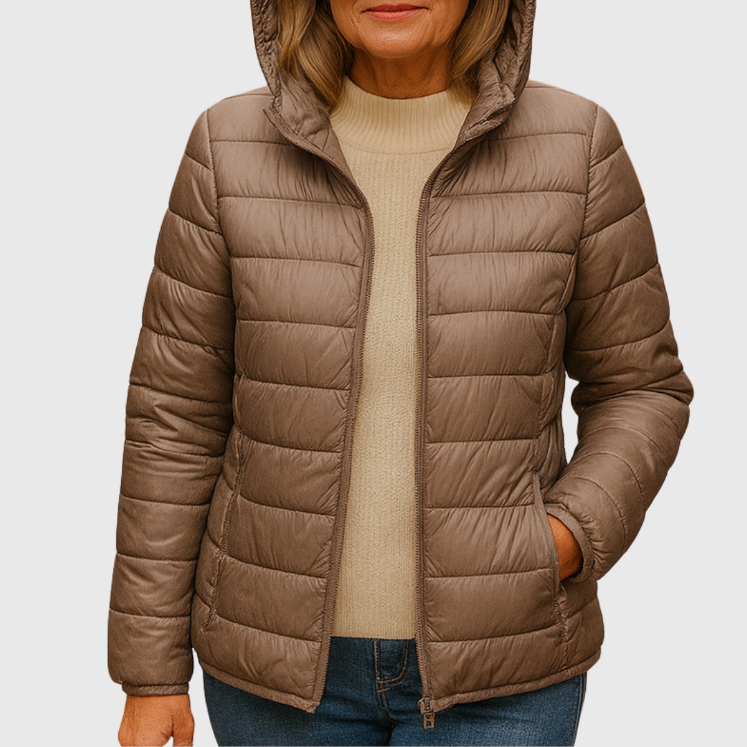 Ultra-light quilted hooded jacket with full-zip front, dark brown tone, side pockets