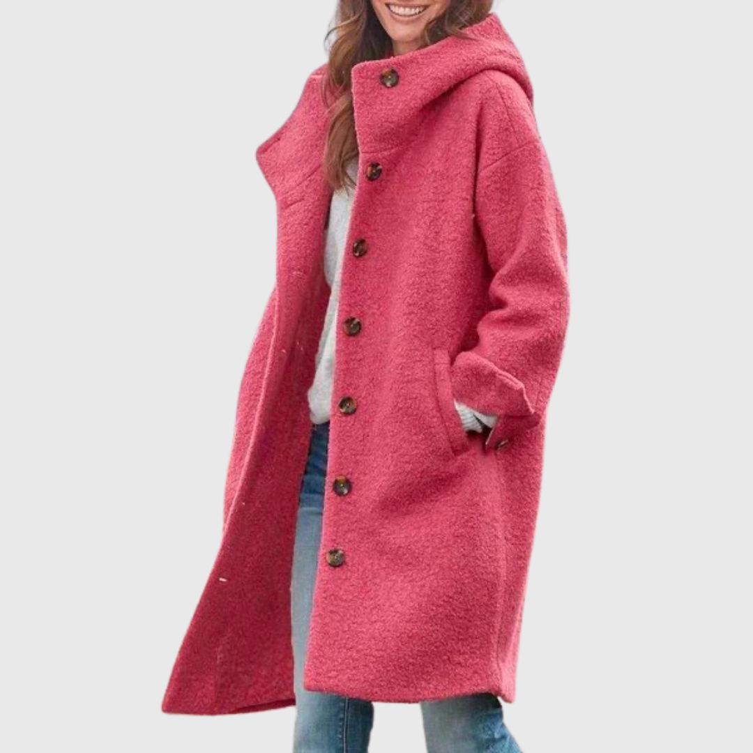 Pink hooded long coat with button front and angled hem