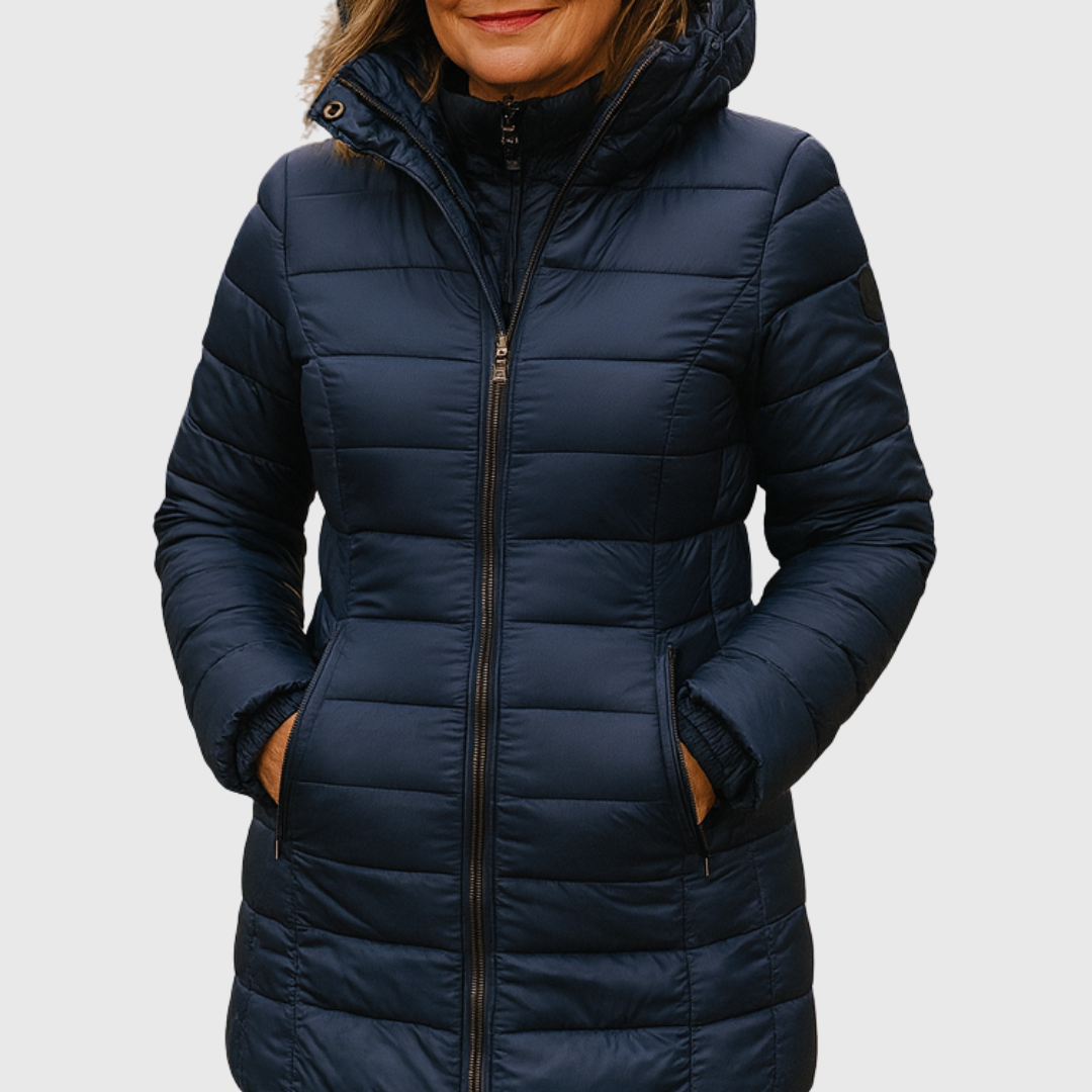 LIORAH long down jacket in dark blue with hood and full front zipper.