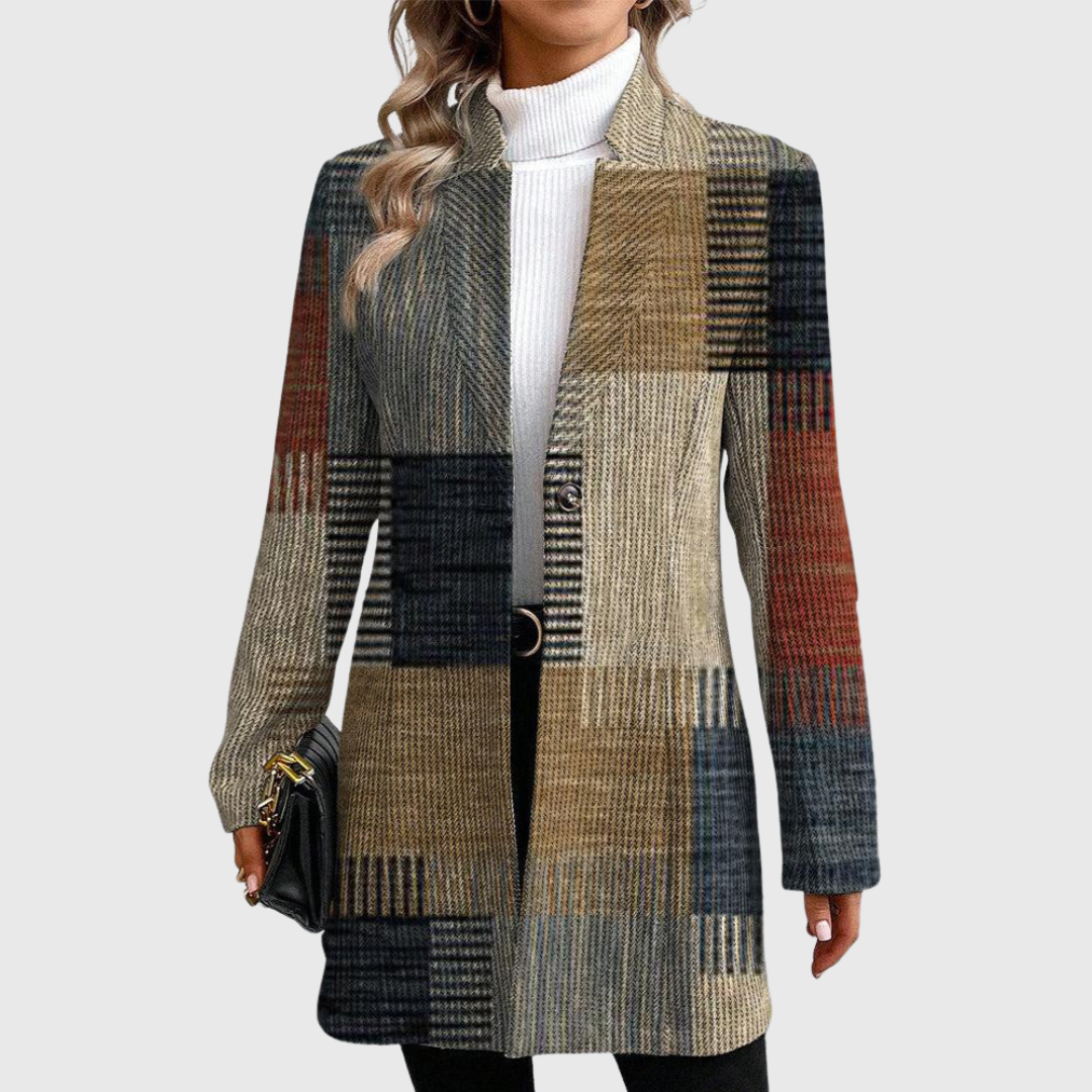 Women's long plaid blazer with patch pockets, button front, multicolor check pattern.