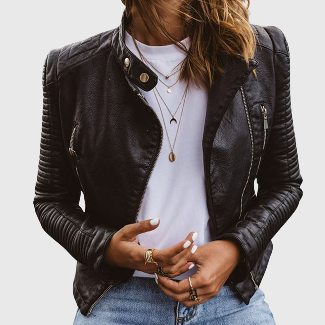 Dark leather biker jacket with asymmetrical front zipper and snap collar