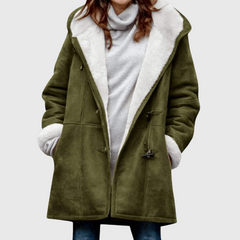 Sherpa-lined warm fall jacket in olive green with front pockets and button closure