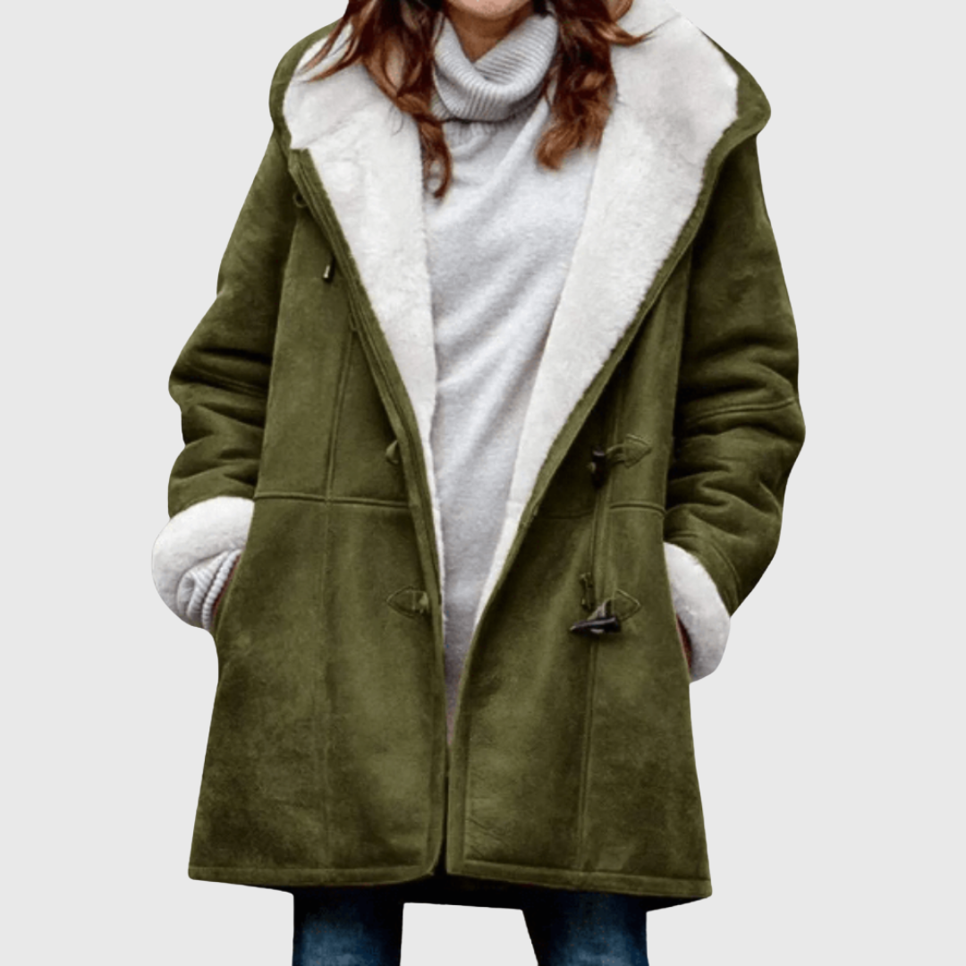 Sherpa-lined warm fall jacket in olive green with front pockets and button closure