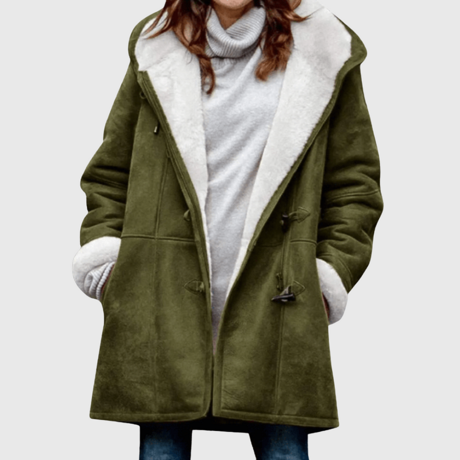 Sherpa-lined warm fall jacket in olive green with front pockets and button closure