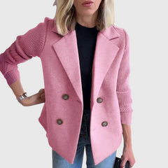 Pink double-breasted blazer jacket with button front and ribbed knit sleeves