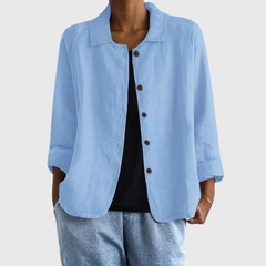 Lightweight button-front shirt jacket in light blue with stand collar and 3/4 sleeves