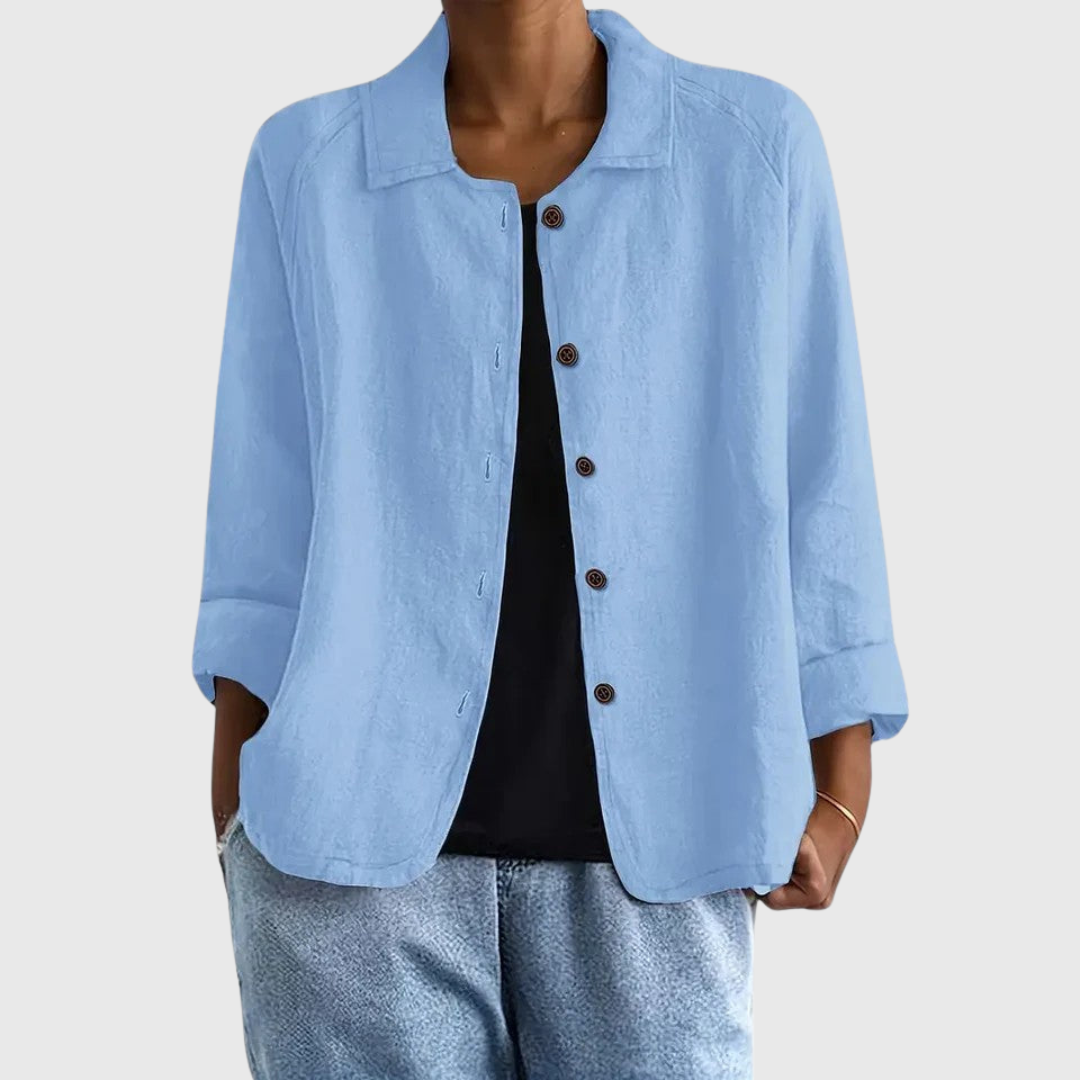 Lightweight button-front shirt jacket in light blue with stand collar and 3/4 sleeves