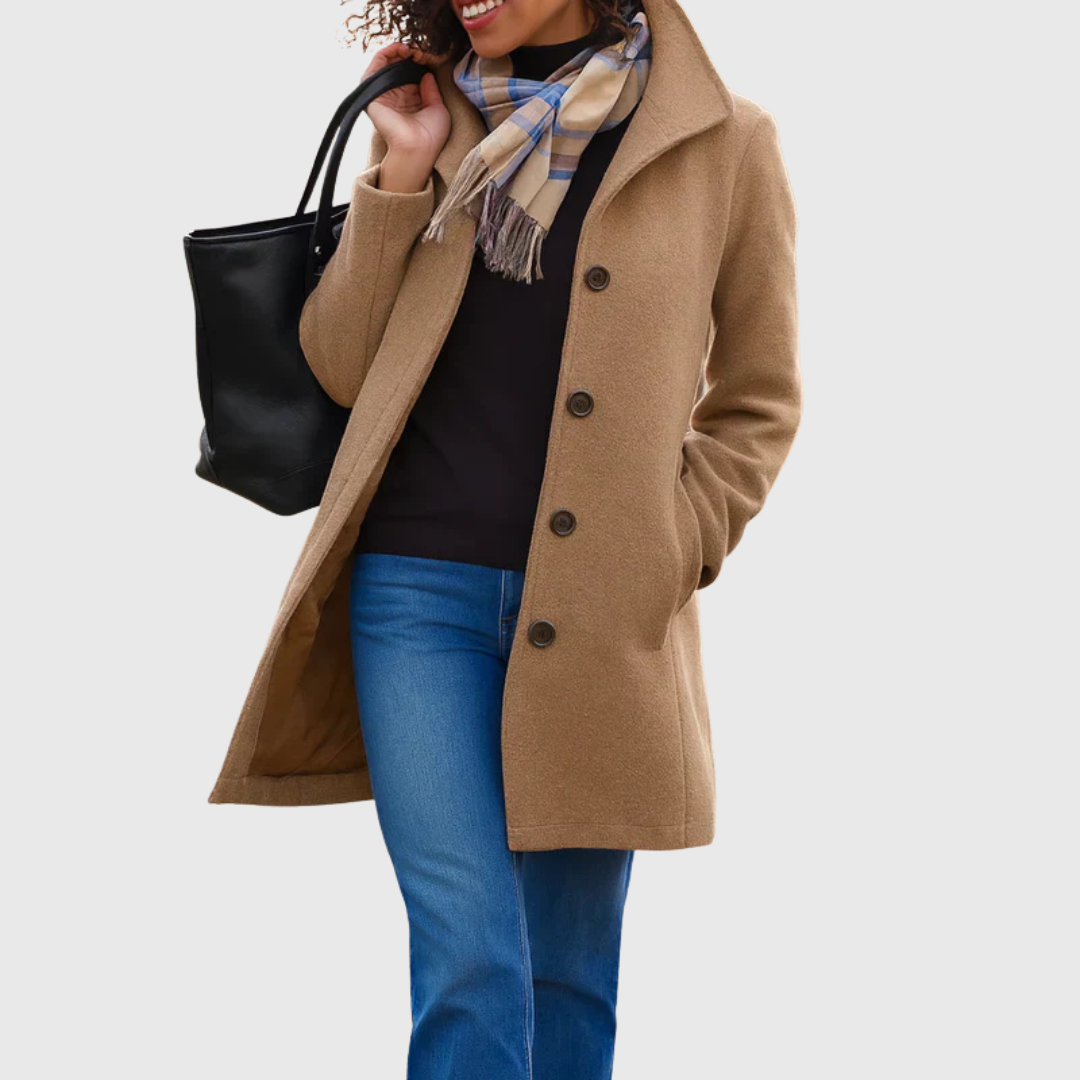 Camel tan single-breasted coat with notched lapel and dark button front