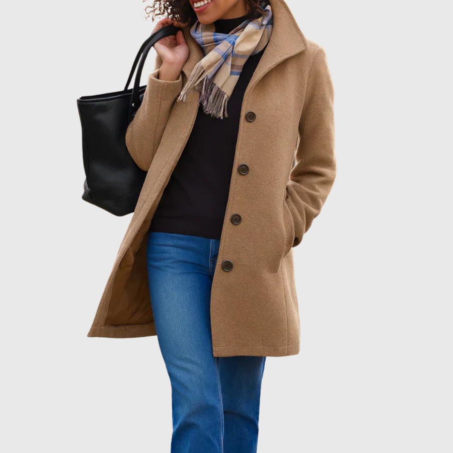 Camel tan single-breasted coat with notched lapel and dark button front