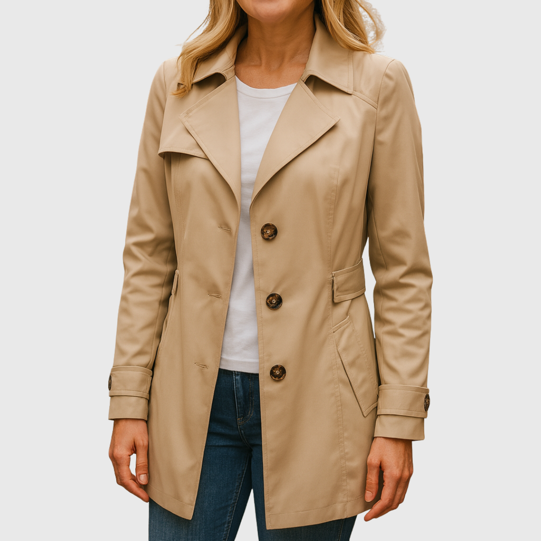 Beige trench coat with notched lapels, double-breasted buttons, and belt detail