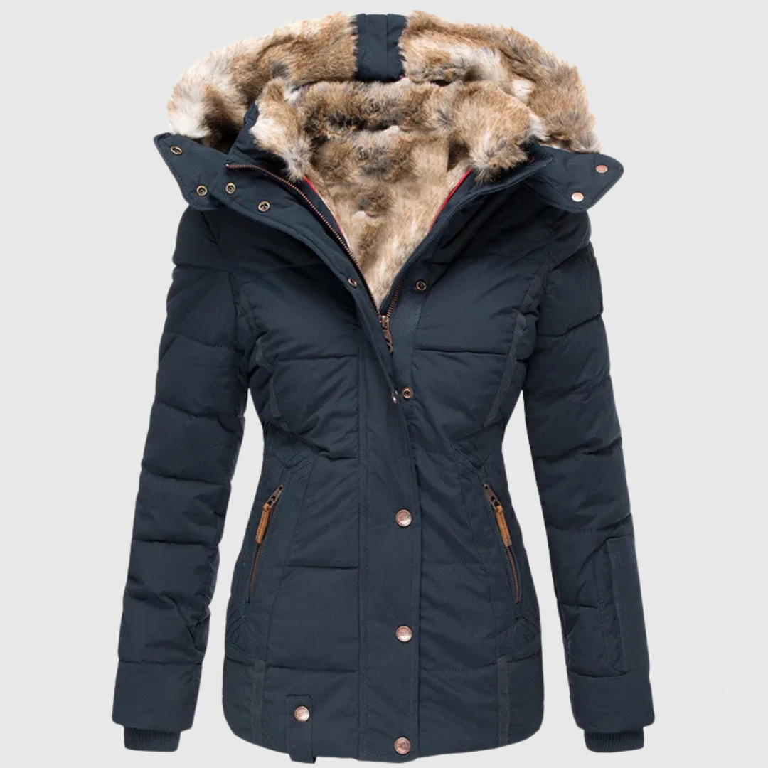 Cozy winter jacket in deep navy with faux fur hood lining, button-front and patch pockets