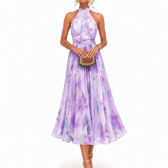 Halter watercolor maxi dress in purple floral print, sleeveless fitted bodice and full skirt