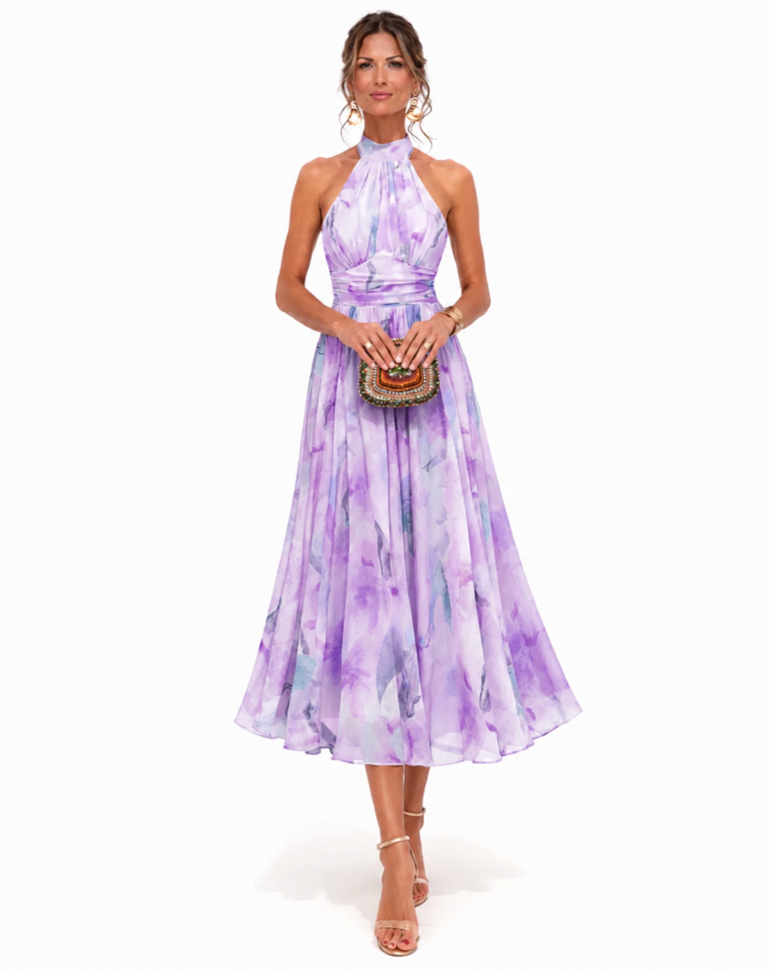 Halter watercolor maxi dress in purple floral print, sleeveless fitted bodice and full skirt