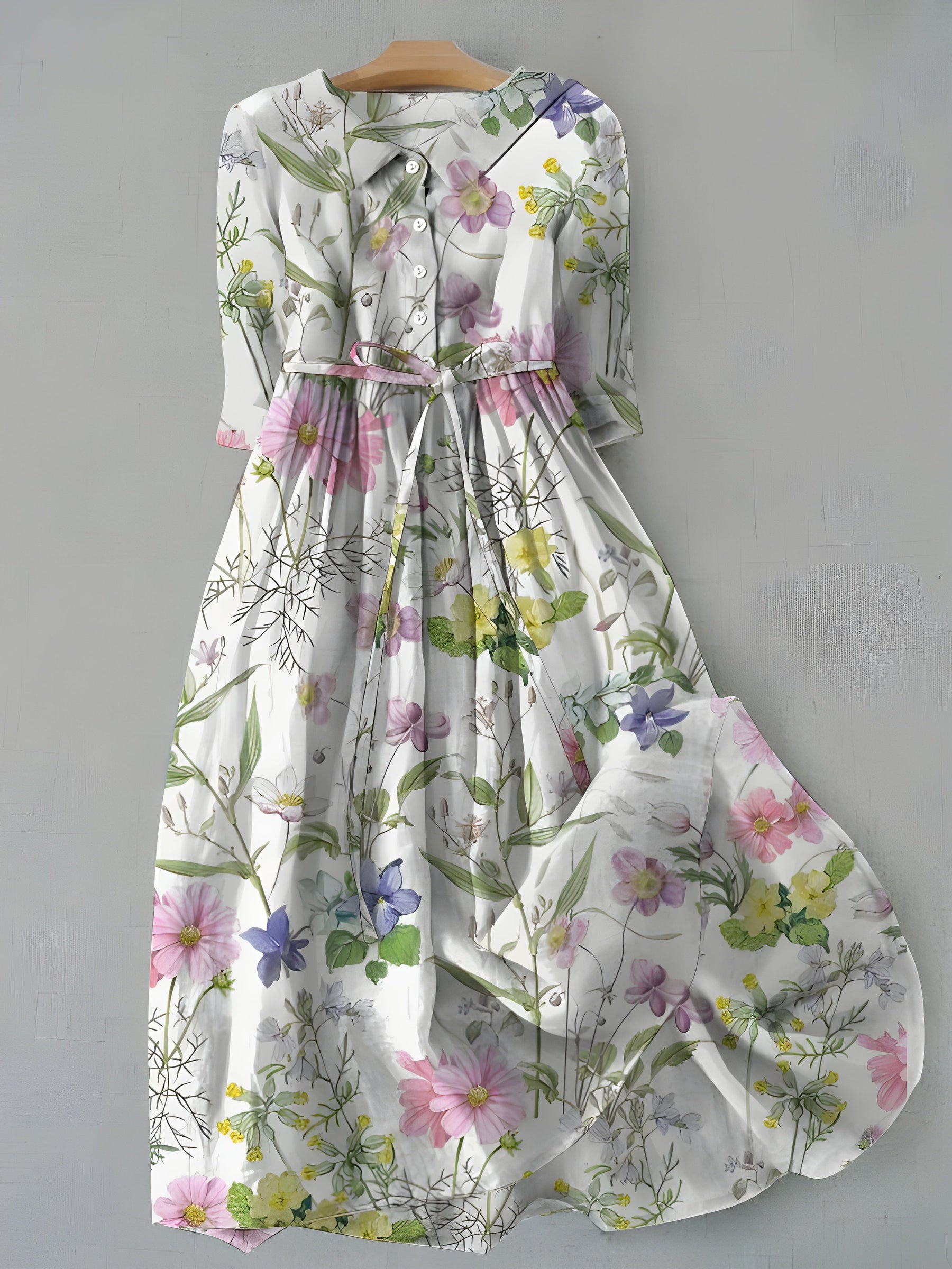 Mariposa™ floral dress with long sleeves, button-front, and waist belt; pastel flower print