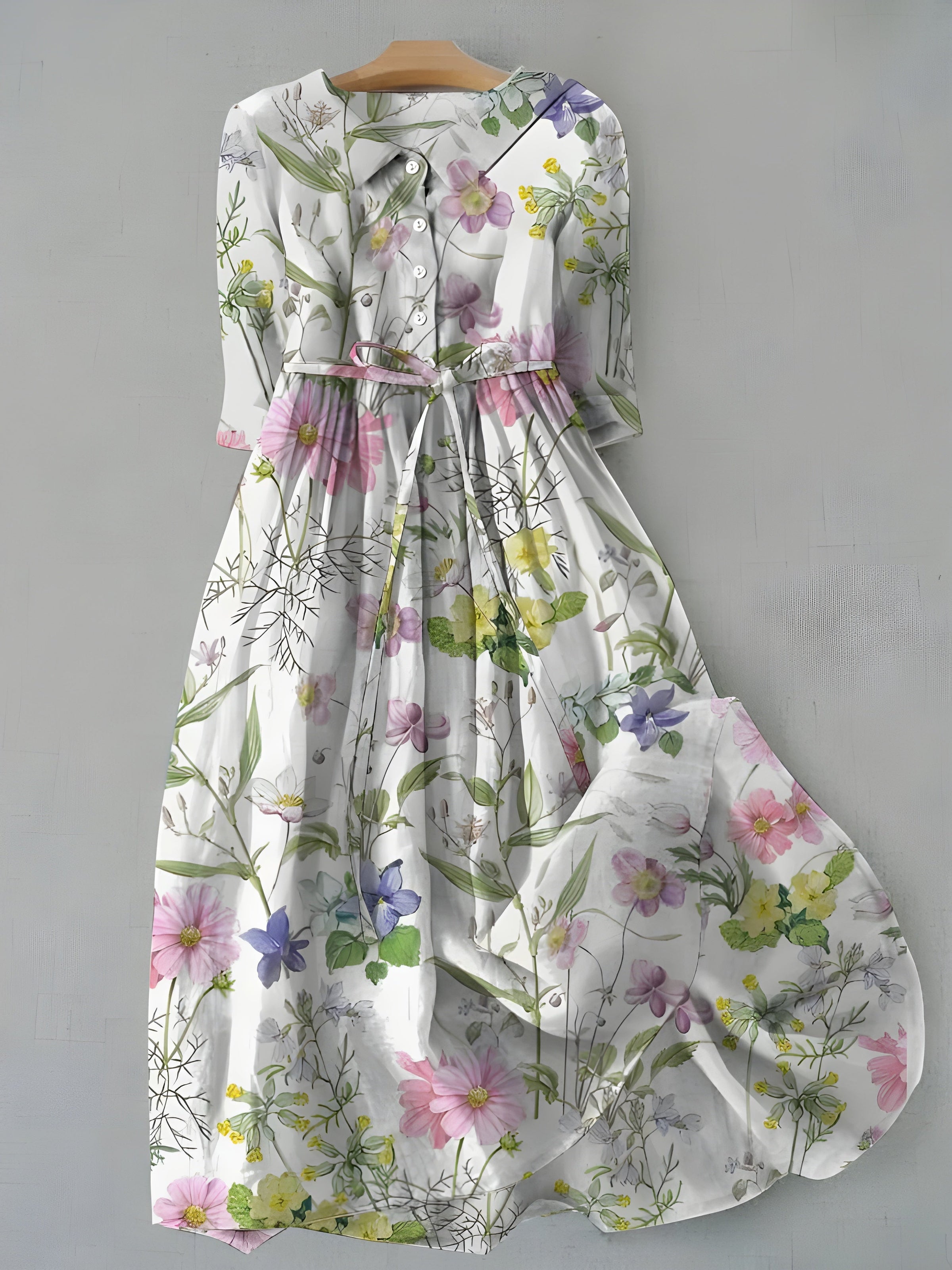 Mariposa™ floral dress with long sleeves, button-front, and waist belt; pastel flower print