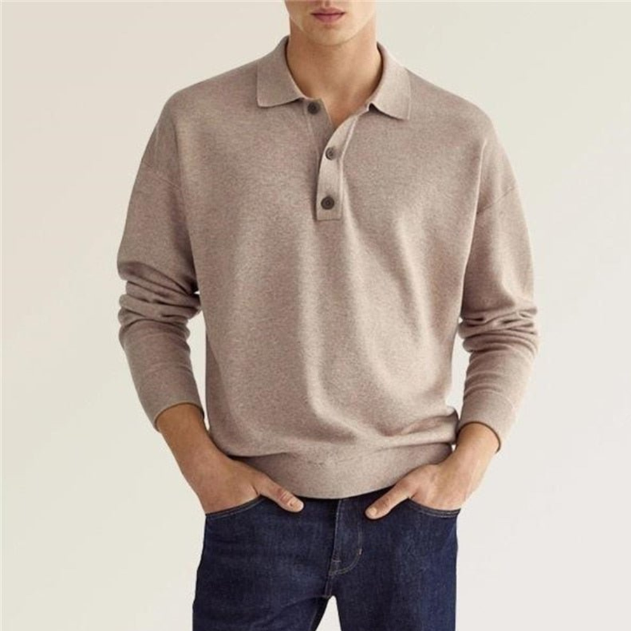 Beige long-sleeve polo shirt with button placket and ribbed collar