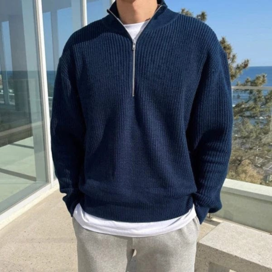 Men's navy ribbed half-zip knit sweater with stand collar