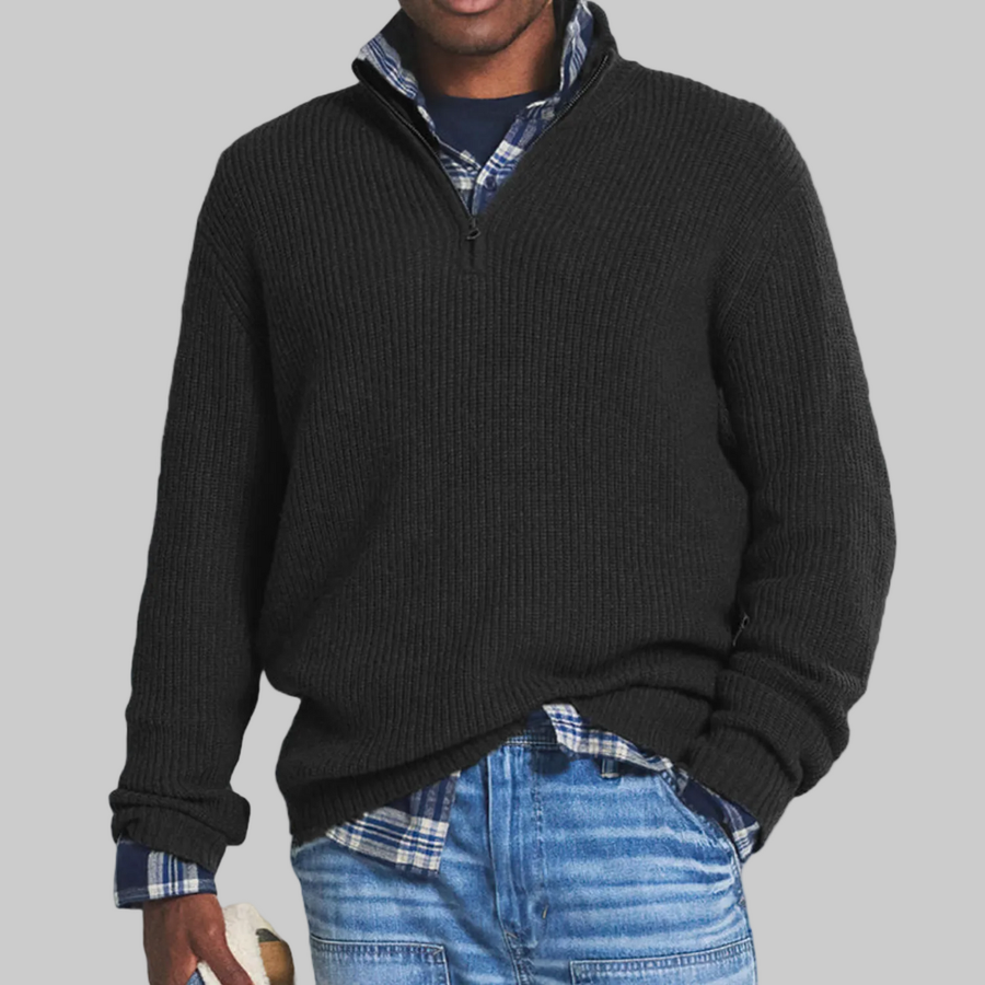 Men's textured half-zip sweater, dark gray knit with ribbed cuffs and quarter-zip collar
