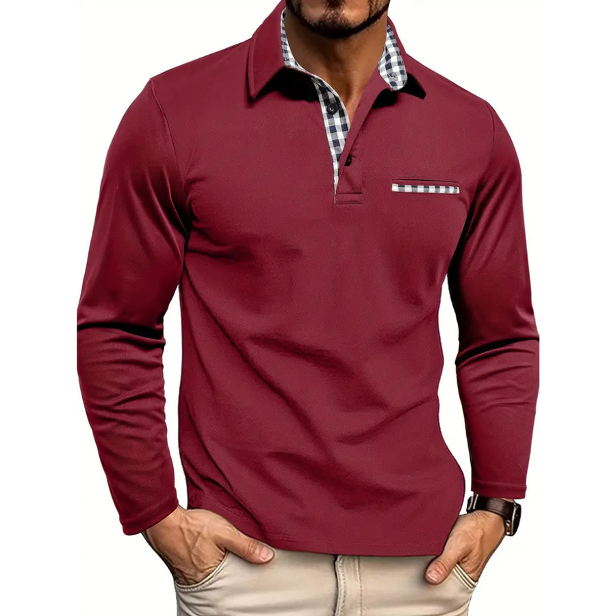 Burgundy long-sleeve polo shirt with checkered collar, half-zip placket, chest pocket trim