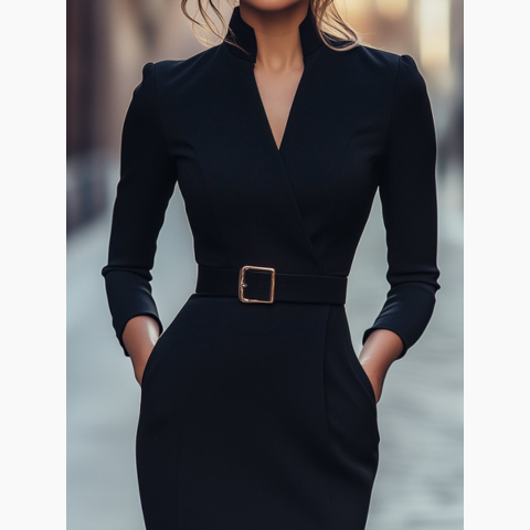 Fitted dark midi dress with V-neck and long sleeves, waist belt with square buckle, close front