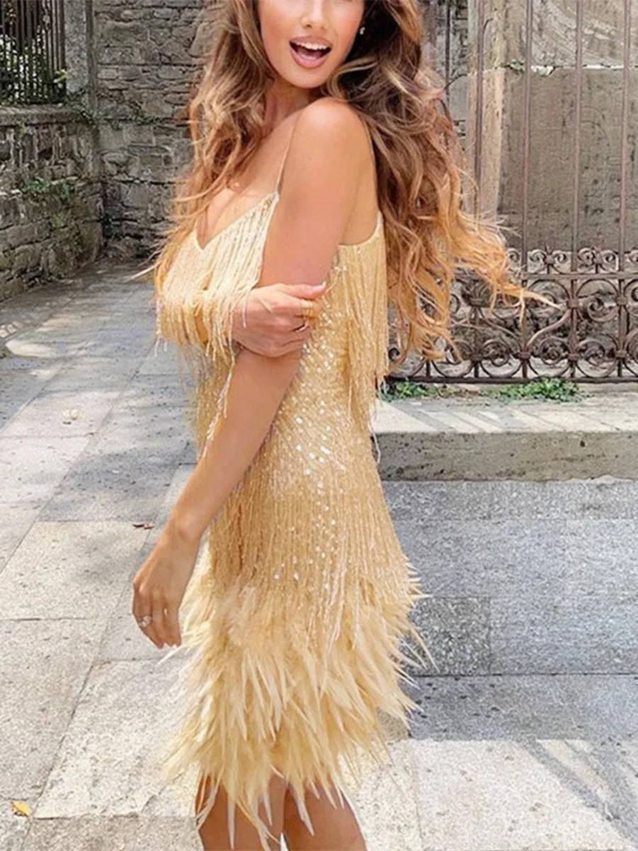 Gold sequin cocktail dress with fringe hem, spaghetti straps, V-neck