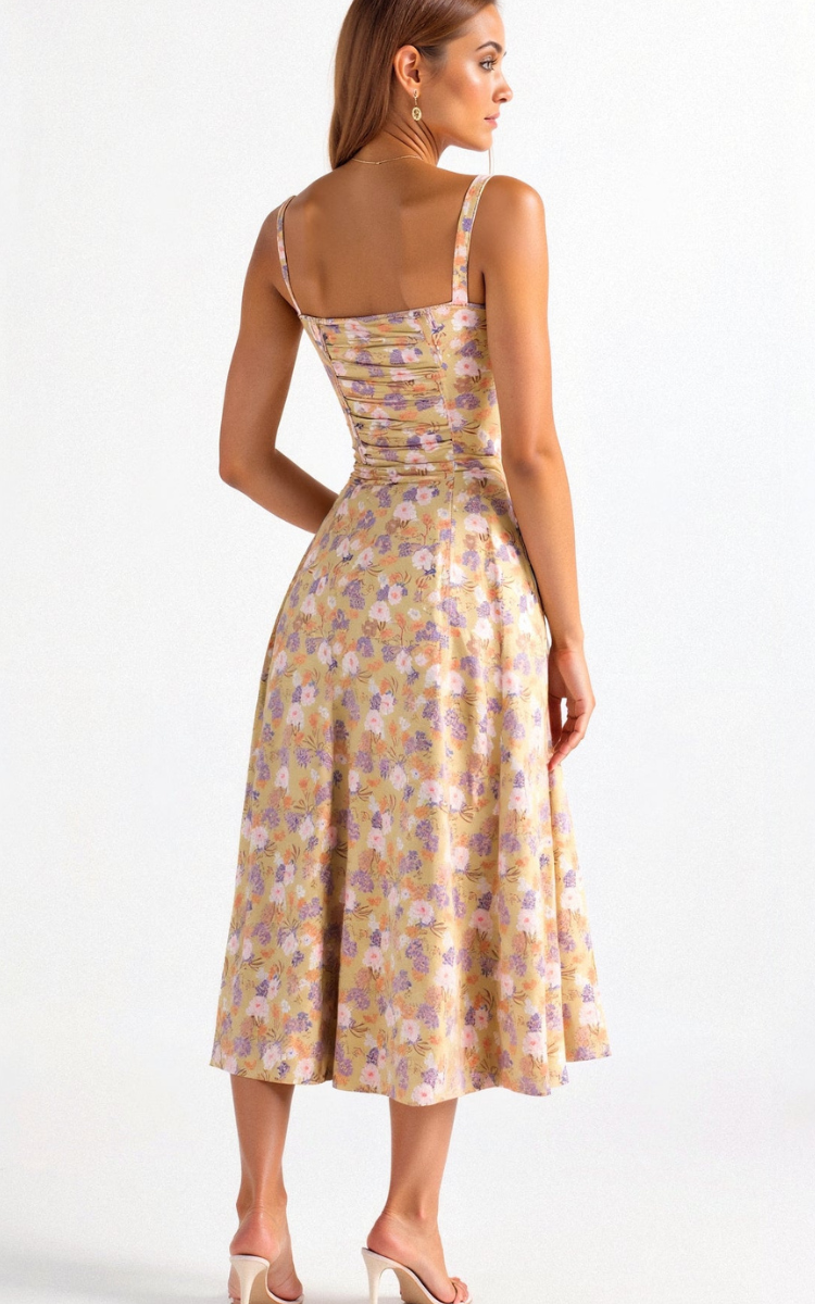Floral corset midi dress with backless cut and spaghetti straps