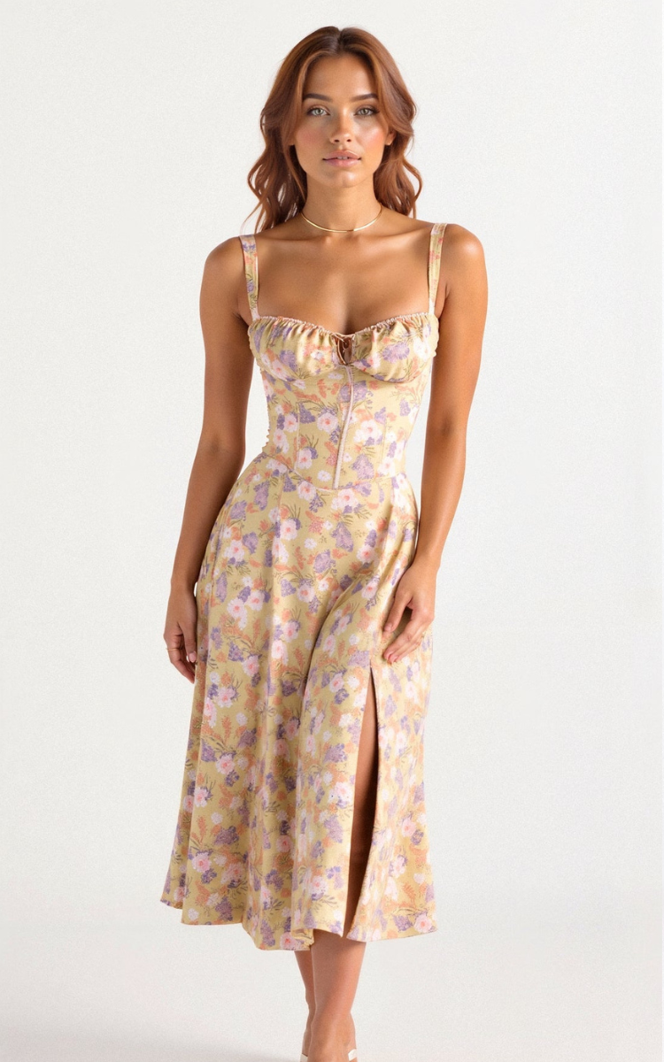 Floral corset midi dress with spaghetti straps and sweetheart neckline