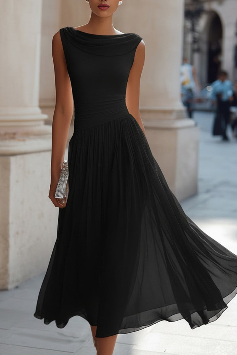 Black sleeveless midi dress with cowl neckline and gathered, pleated flare skirt