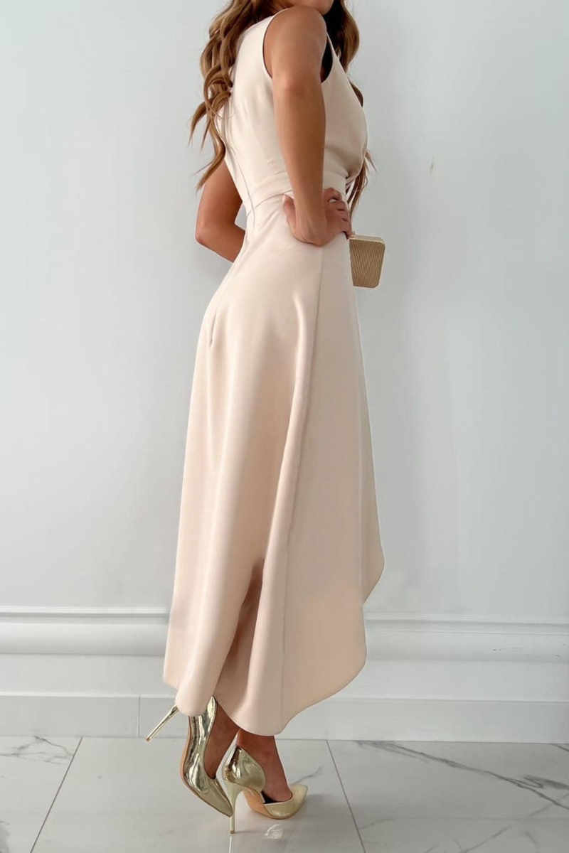Beige sleeveless wrap midi dress with V-neck front and draped asymmetrical hem, side view