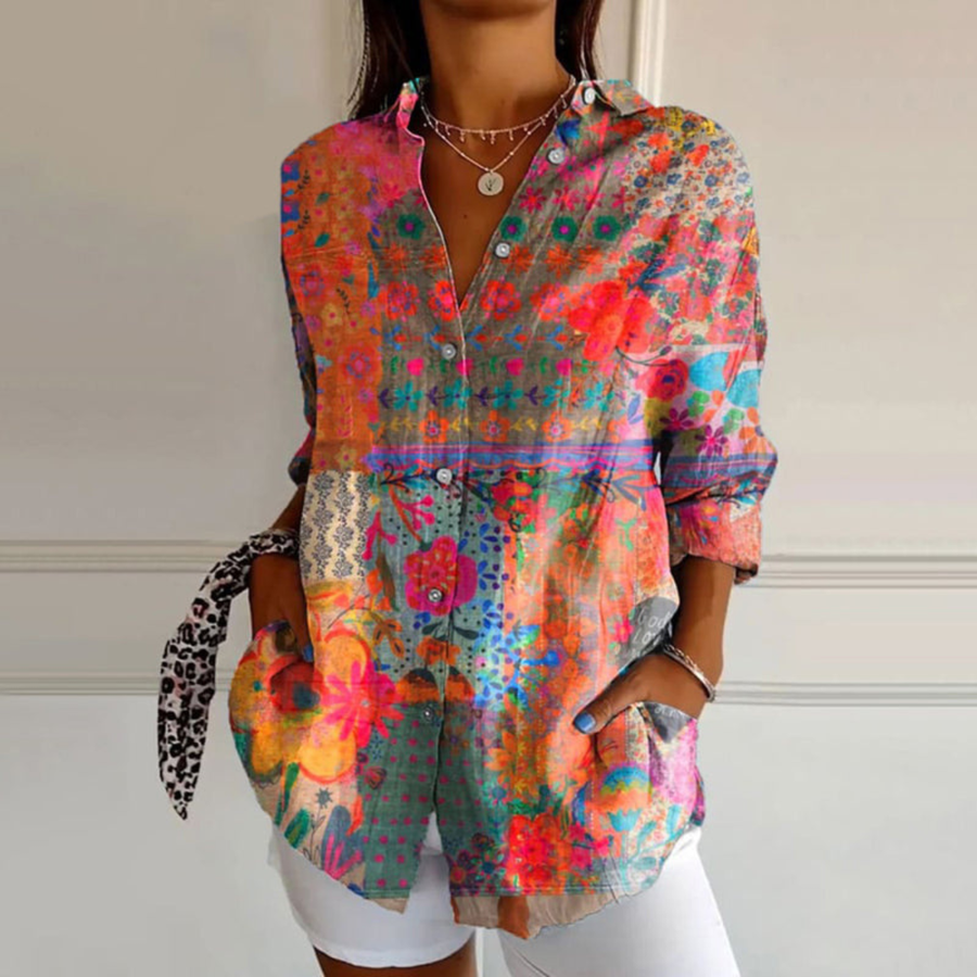 Multicolor floral long-sleeve blouse with button-front and V-neck