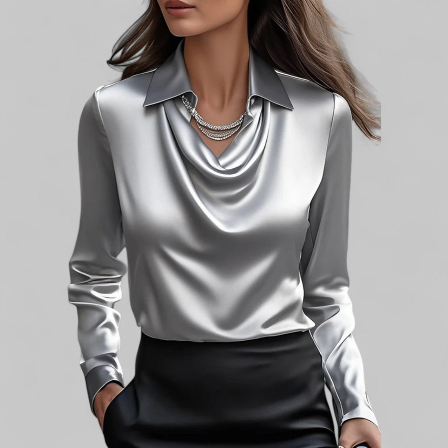 Champagne satin draped blouse with long sleeves, cowl neckline, and pointed collar