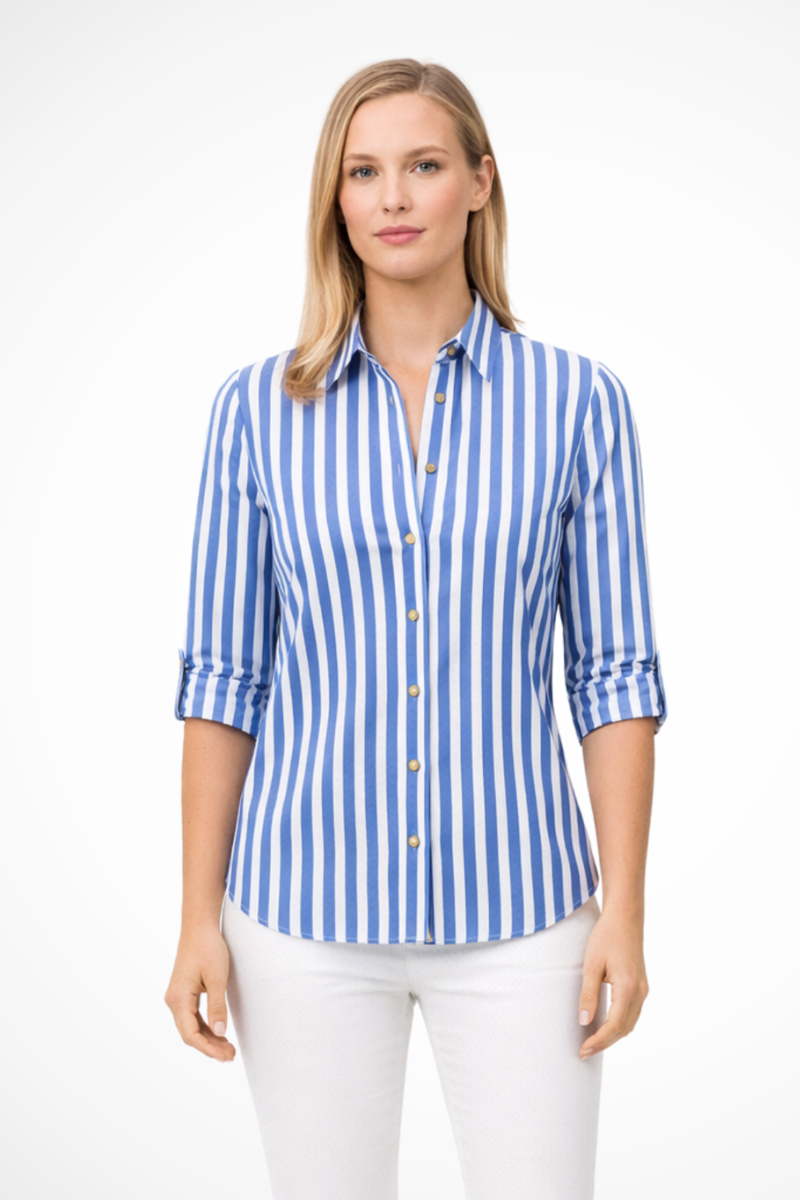 Women’s slim-fit blue striped long-sleeve blouse with button front and collar