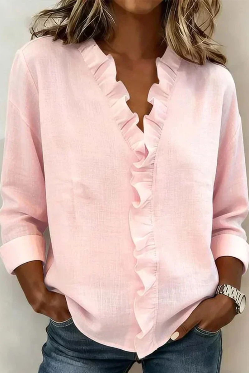 Pink ruffle V-neck long-sleeve blouse with front button placket and tiered trim