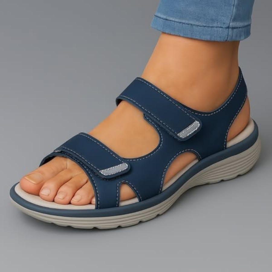 Comfort sandals in navy blue with two adjustable straps, open toe, and cushioned platform sole