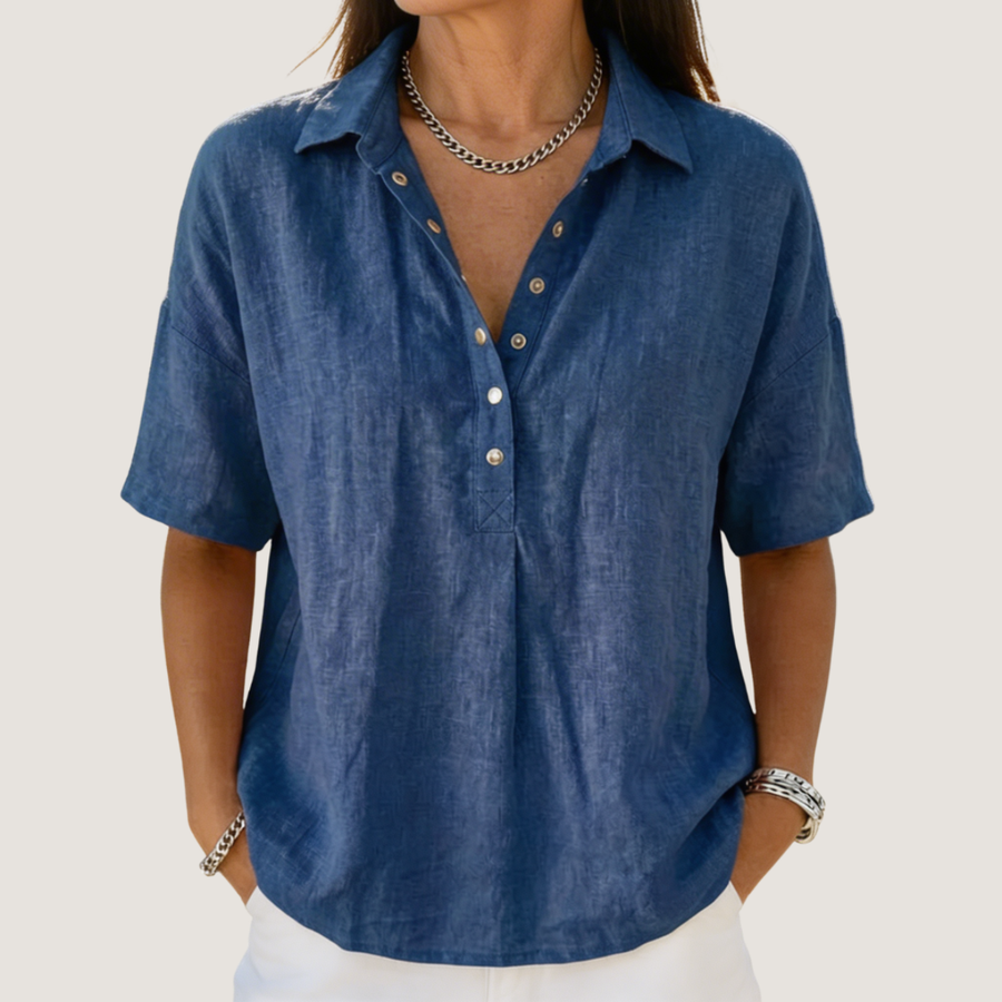 Women’s short-sleeve button-up shirt in blue, collared with front button placket