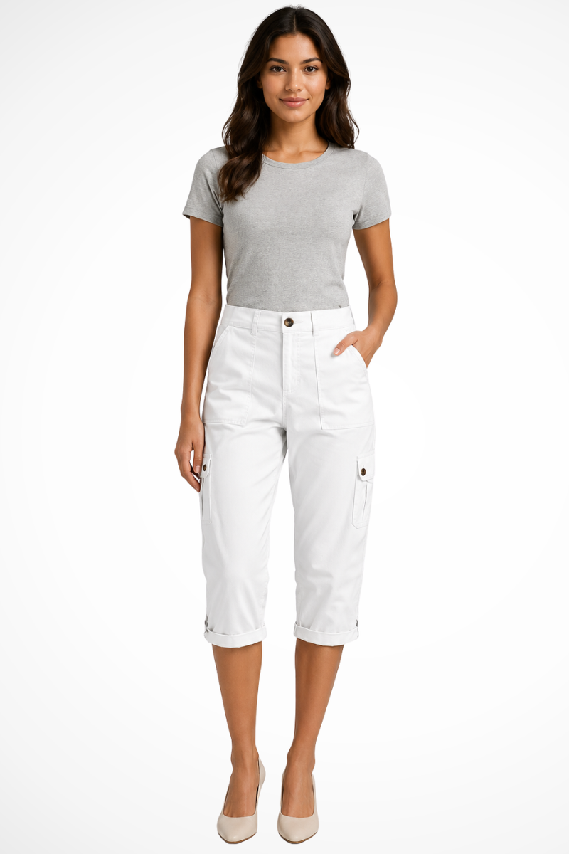 Women’s cropped cargo trousers in white with side utility pockets and button waist