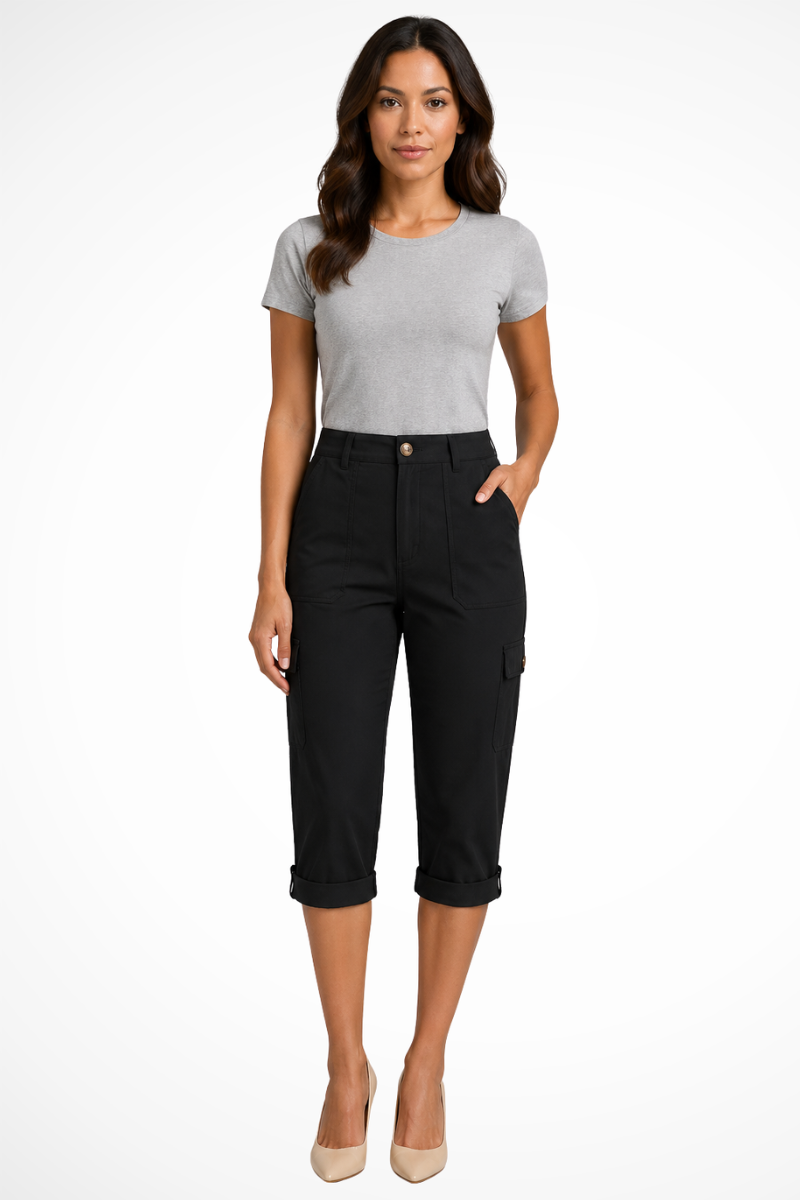 Women’s cropped cargo trousers in black with side pockets and button waist