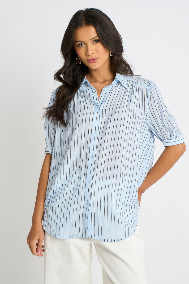 Pinstripe puff-sleeve shirt in light blue with vertical stripes and button-down placket