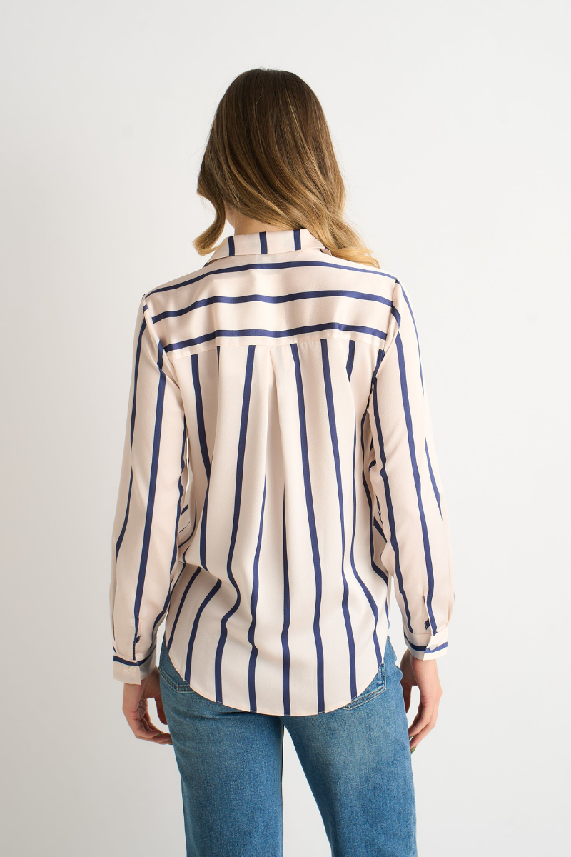 Women’s striped long-sleeve shirt, back view, blue vertical stripes
