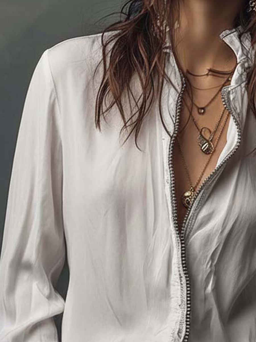 Women’s Zip Front Blouse | Flounce Sleeve
