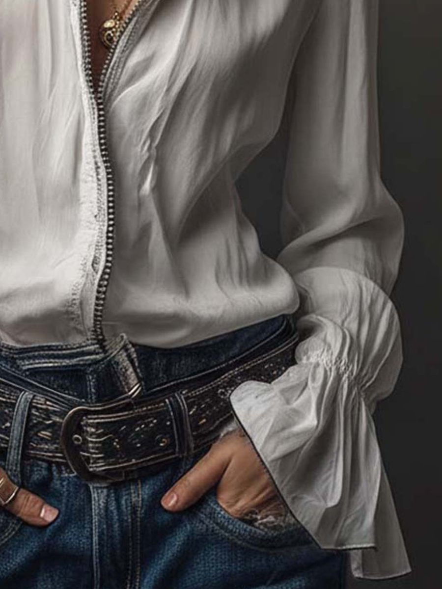 Women’s Zip Front Blouse | Flounce Sleeve