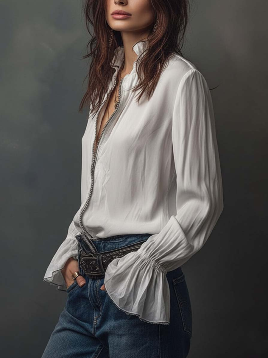 White blouse with long flounce cuffs and zip-front placket