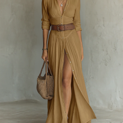 VICTORIA brown pleated maxi dress with V-neck, button front, belted waist, side slit