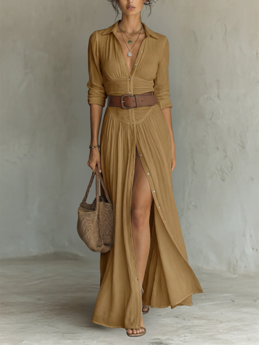 VICTORIA brown pleated maxi dress with V-neck, button front, belted waist, side slit