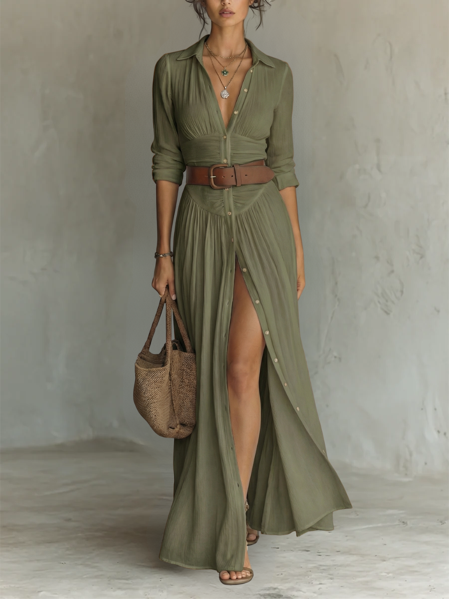 VICTORIA green pleated maxi dress, button front, V-neck, long sleeves, side slit
