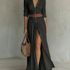 VICTORIA black pleated maxi dress with V-neck, button front, belted waist, side slit